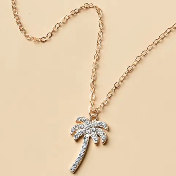 Golden Palm Tree 🌴 Pendant Necklace with Rhinestones - Picture 2 of 4
